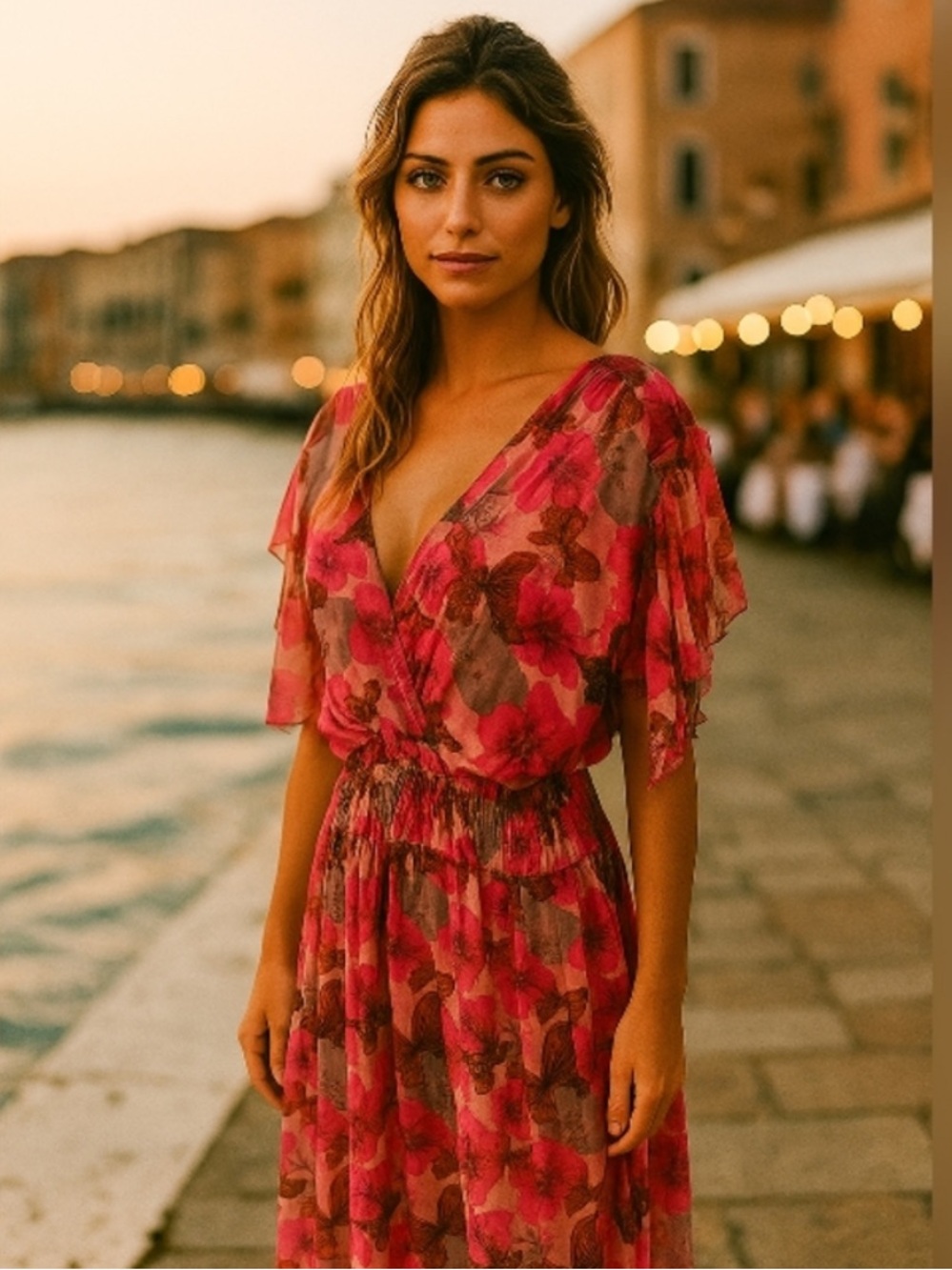 Le Ragazze Pink Floral Butterfly Flutter Sleeve Silk Maxi Dress XL - Picture 2 of 9